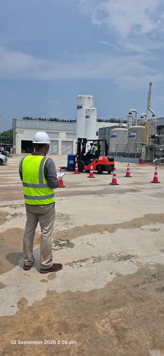 Practical forklift assessment at a plant with safety cones