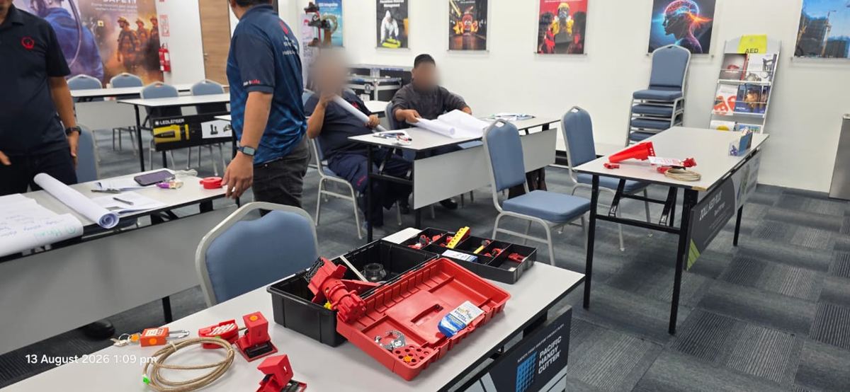 Lockout tagout equipment set on a training room table